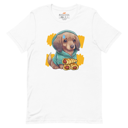 White Premium Sausage Dog T-Shirt featuring an adorable sausage roll dachshund graphic on the chest - Cute Graphic Dachshund  Tees - Boozy Fox