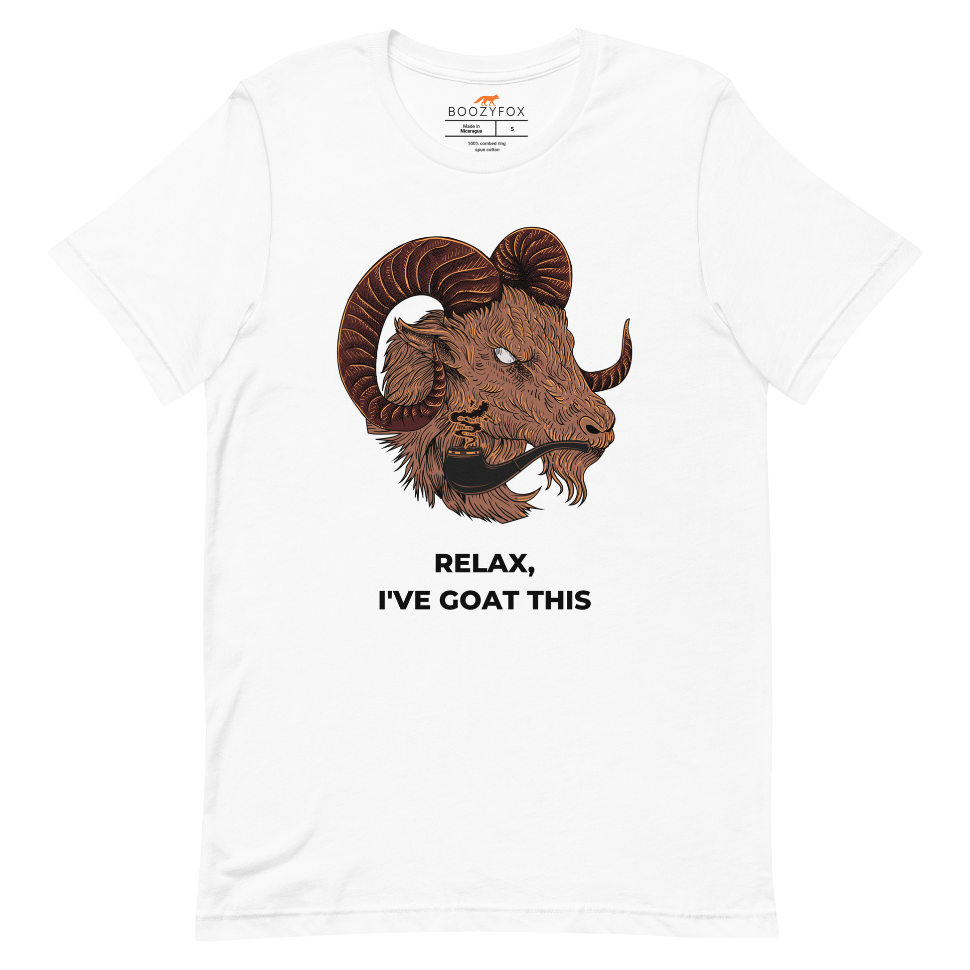 White Premium Goat T-Shirt featuring an amusing Relax I've Goat This graphic on the chest - Funny Graphic Goat Tees - Boozy Fox