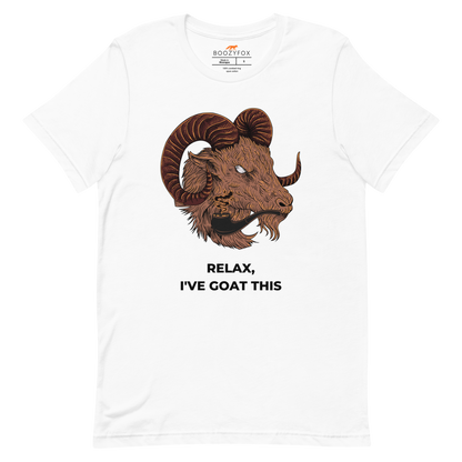 White Premium Goat T-Shirt featuring an amusing Relax I've Goat This graphic on the chest - Funny Graphic Goat Tees - Boozy Fox