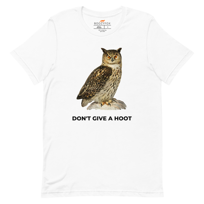 White Premium Owl T-Shirt featuring a captivating Don't Give A Hoot graphic on the chest - Funny Graphic Owl Tees - Boozy Fox