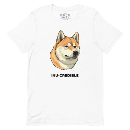 White Premium Shiba Inu T-Shirt featuring the Inu-Credible graphic on the chest - Funny Graphic Shiba Inu Tees - Boozy Fox