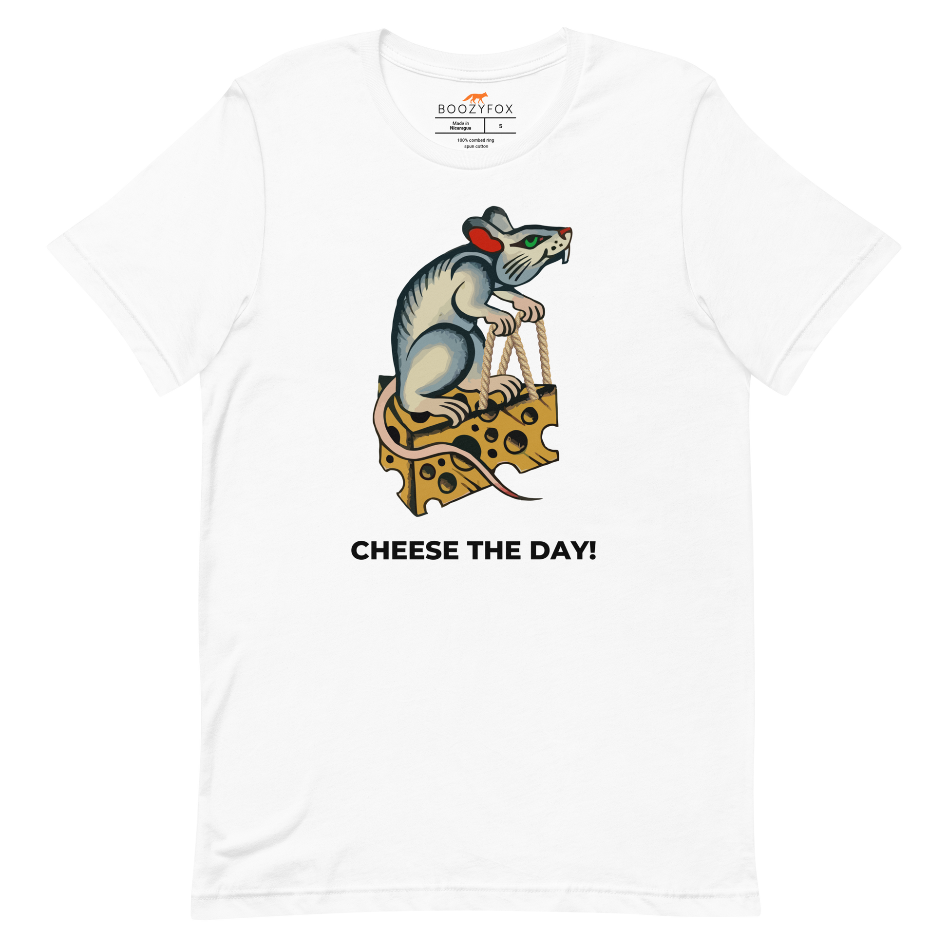 White Premium Rat T-Shirt featuring a hilarious Cheese The Day graphic on the chest - Funny Graphic Rat Tees - Boozy Fox