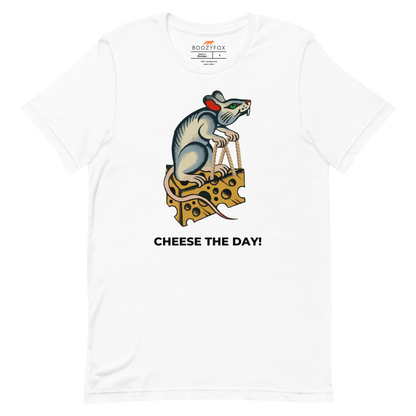 White Premium Rat T-Shirt featuring a hilarious Cheese The Day graphic on the chest - Funny Graphic Rat Tees - Boozy Fox