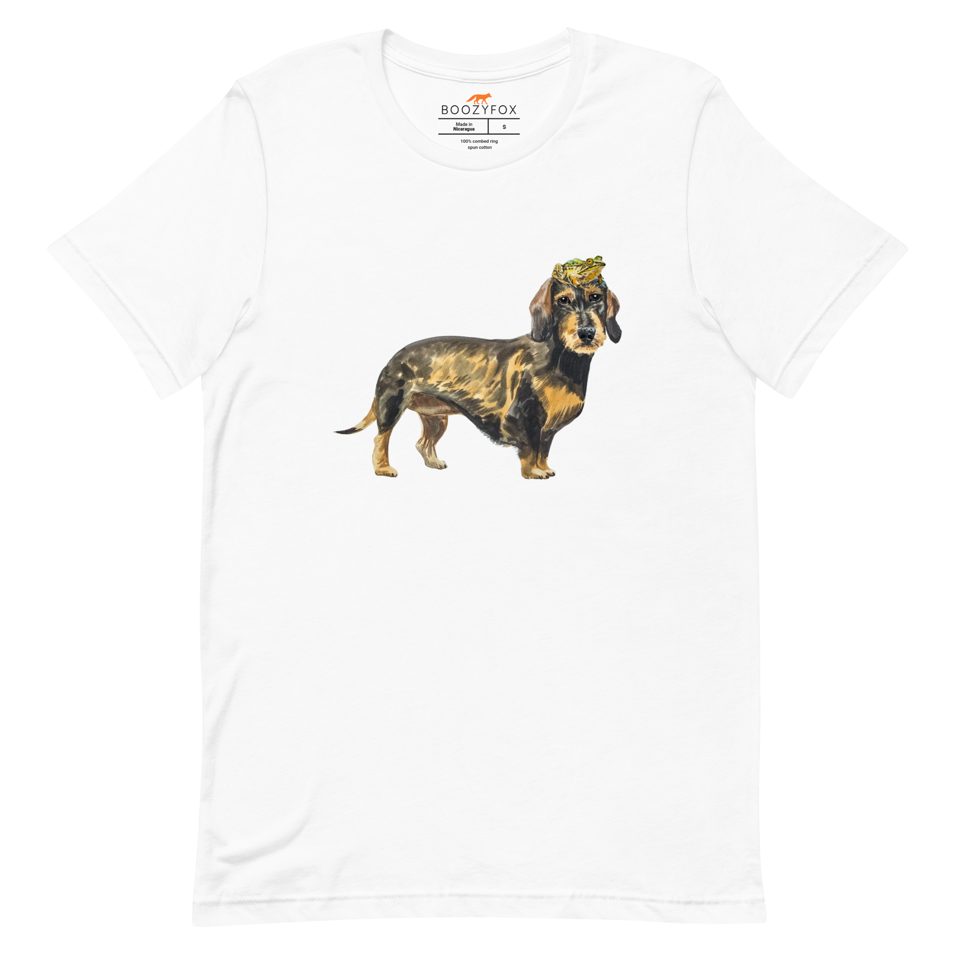 White Premium Dachshund T-Shirt featuring an adorable Frog on a Dachshund's Head graphic on the chest - Cute Graphic Dachshund Tees - Boozy Fox