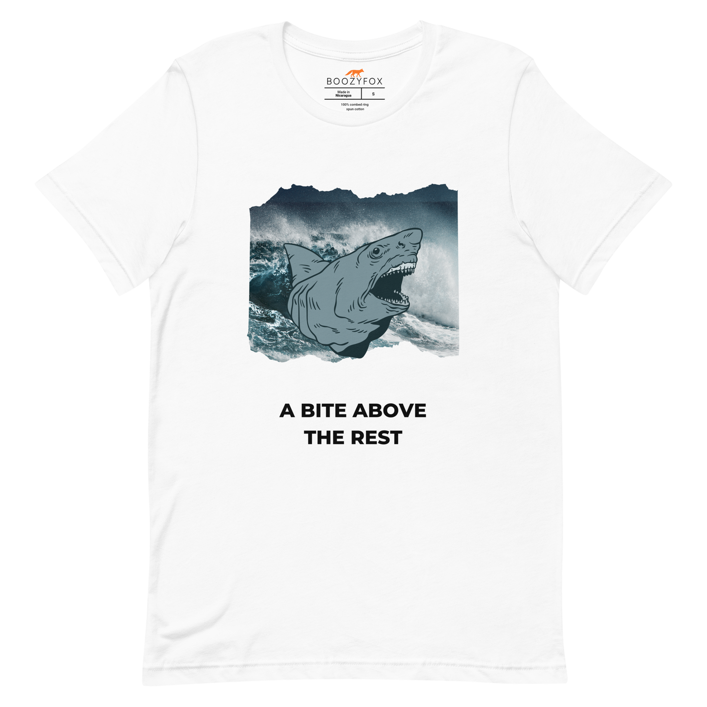 White Premium Megalodon Tee featuring A Bite Above the Rest graphic on the chest - Funny Graphic Megalodon Tees - Boozy Fox