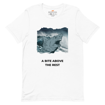 White Premium Megalodon Tee featuring A Bite Above the Rest graphic on the chest - Funny Graphic Megalodon Tees - Boozy Fox