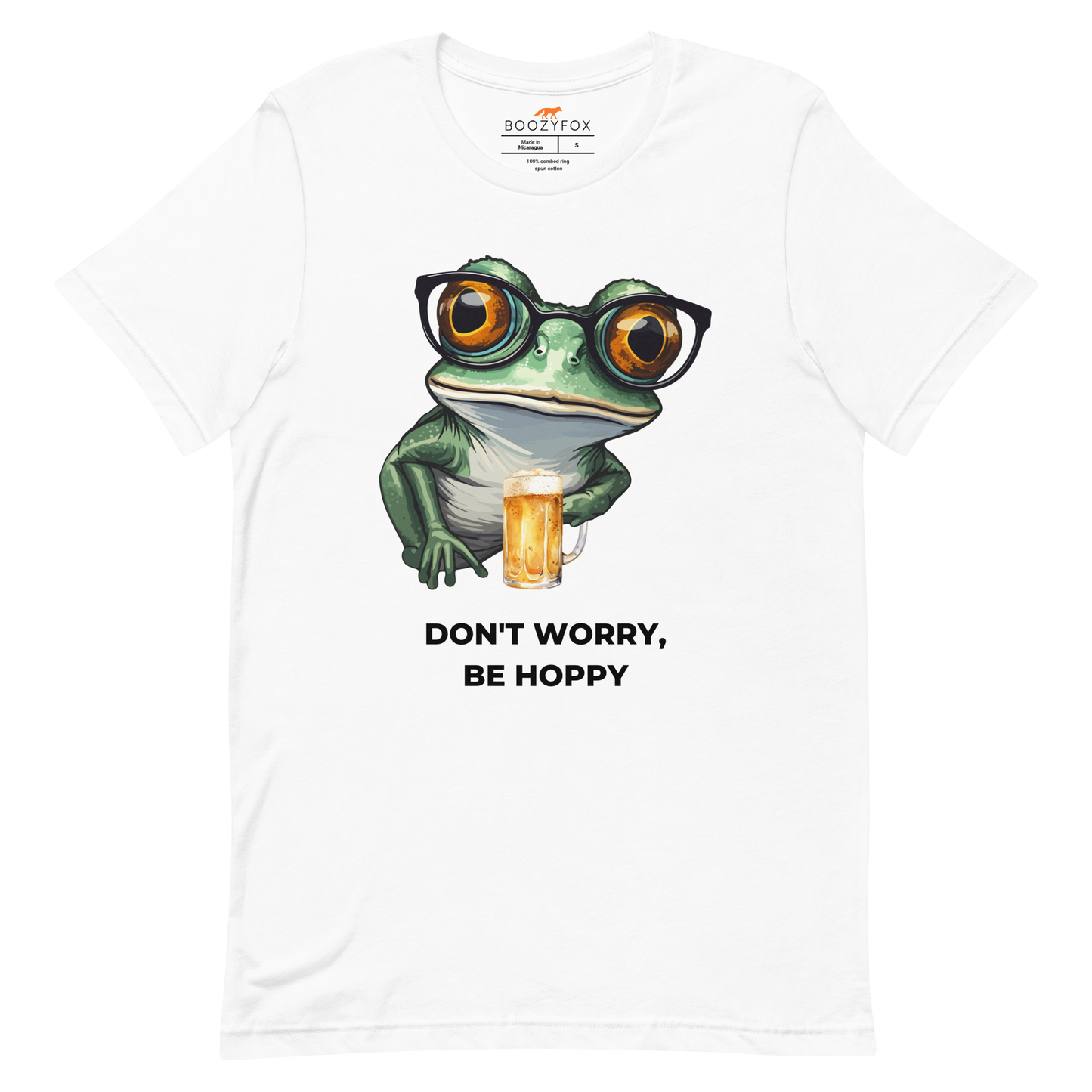 White Premium Frog Tee featuring a funny Don't Worry, Be Hoppy graphic on the chest - Funny Graphic Frog Tees - Boozy Fox