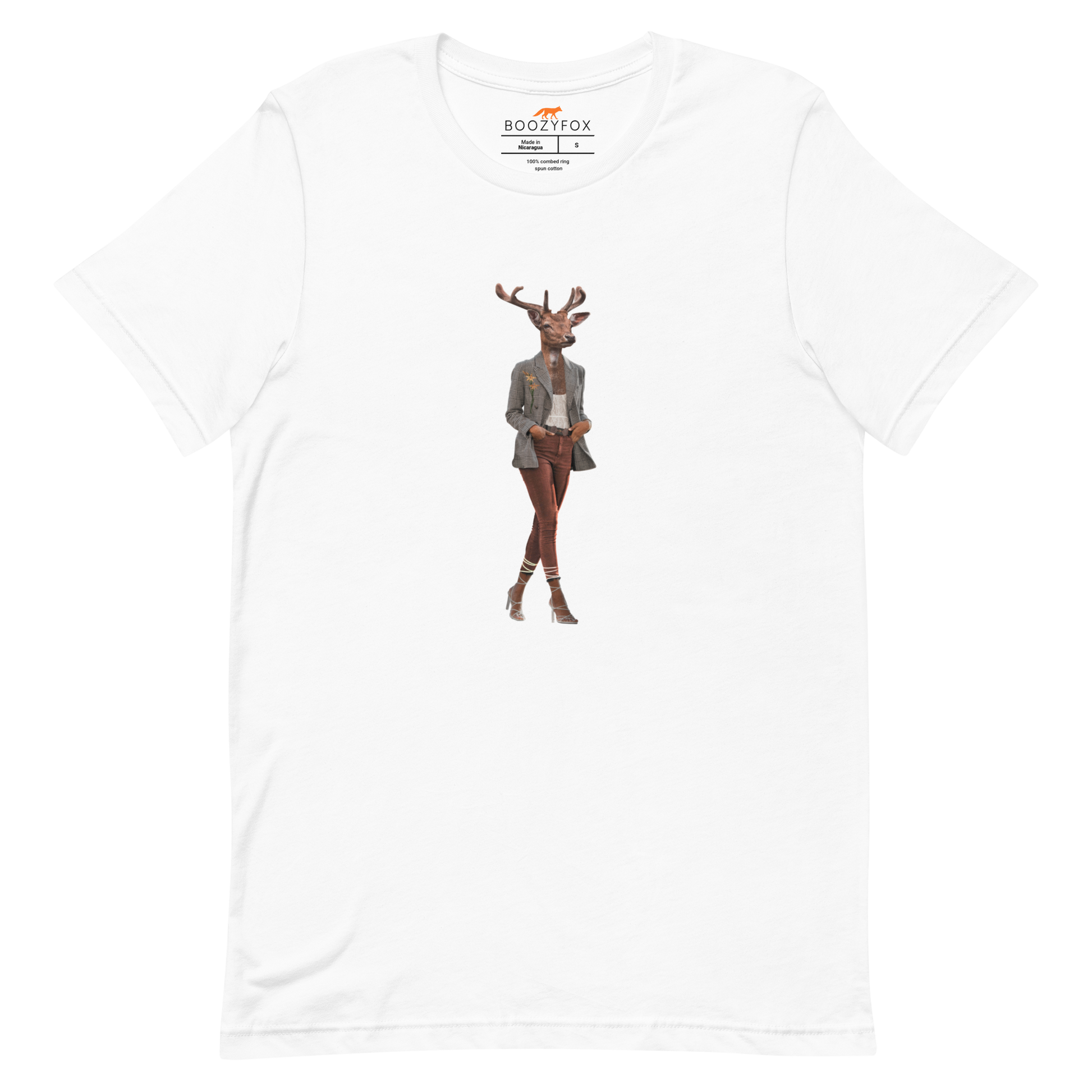 White Premium Deer T-Shirt featuring an Anthropomorphic Deer graphic on the chest - Funny Graphic Deer Tees - Boozy Fox