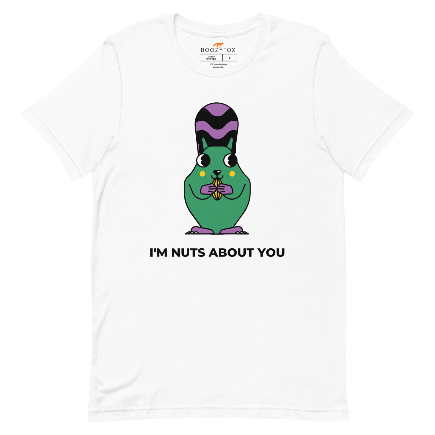 White Premium Squirrel T-Shirt featuring an I'm Nuts About You graphic on the chest - Funny Graphic Squirrel Tees - Boozy Fox
