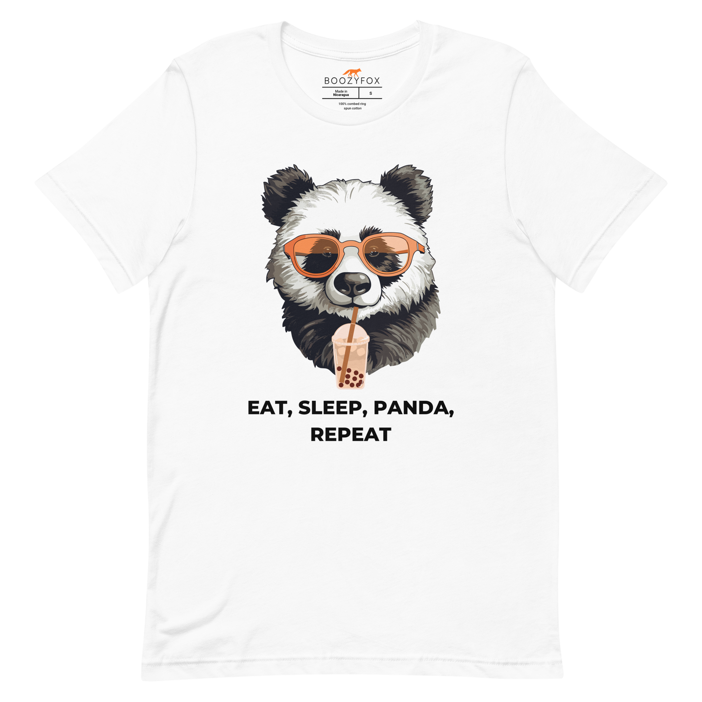 White Premium Panda Tee featuring an adorable Eat, Sleep, Panda, Repeat graphic on the chest - Funny Graphic Panda Tees - Boozy Fox