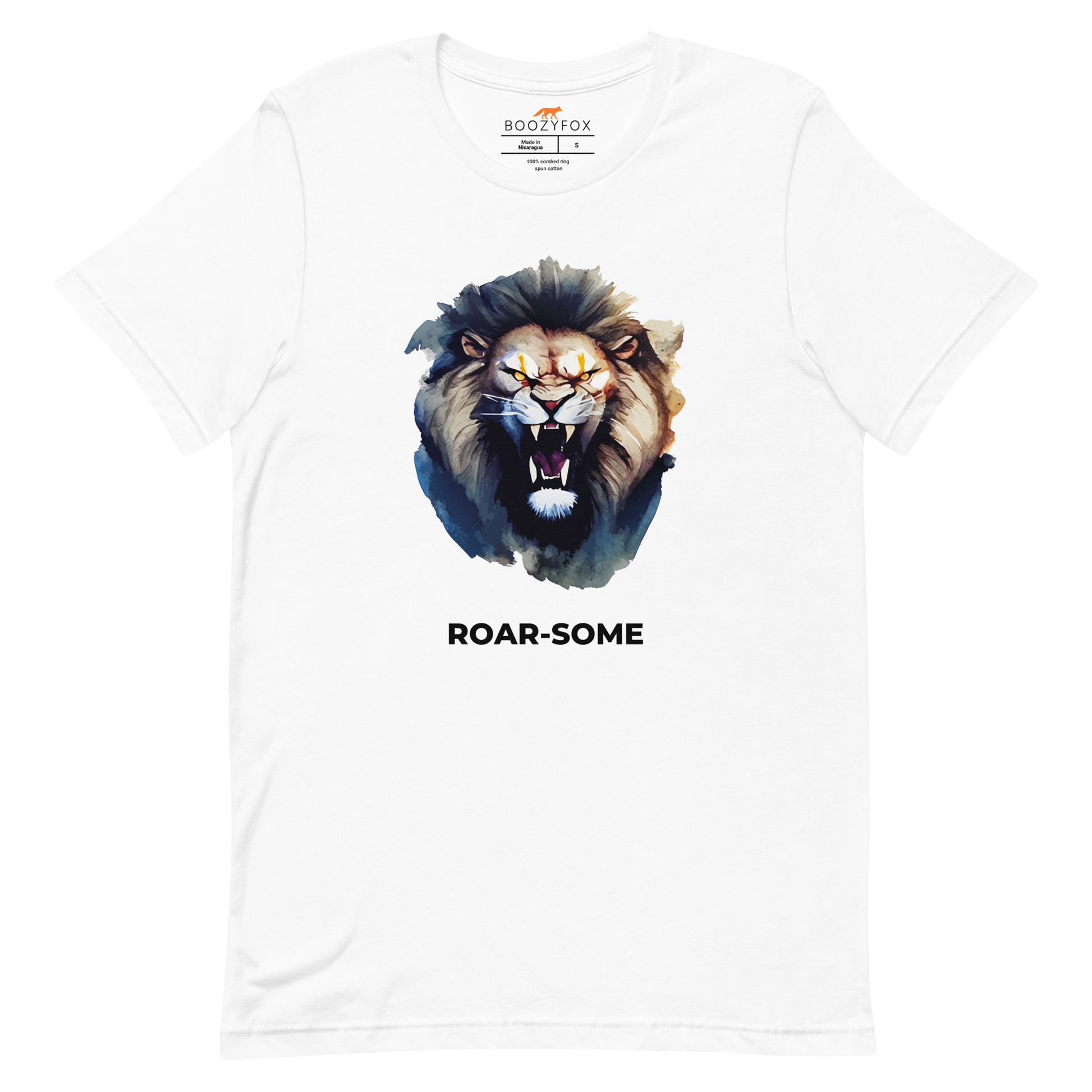 White Premium Lion Tee featuring a Roar-Some graphic on the chest - Cool Graphic Lion Tees - Boozy Fox