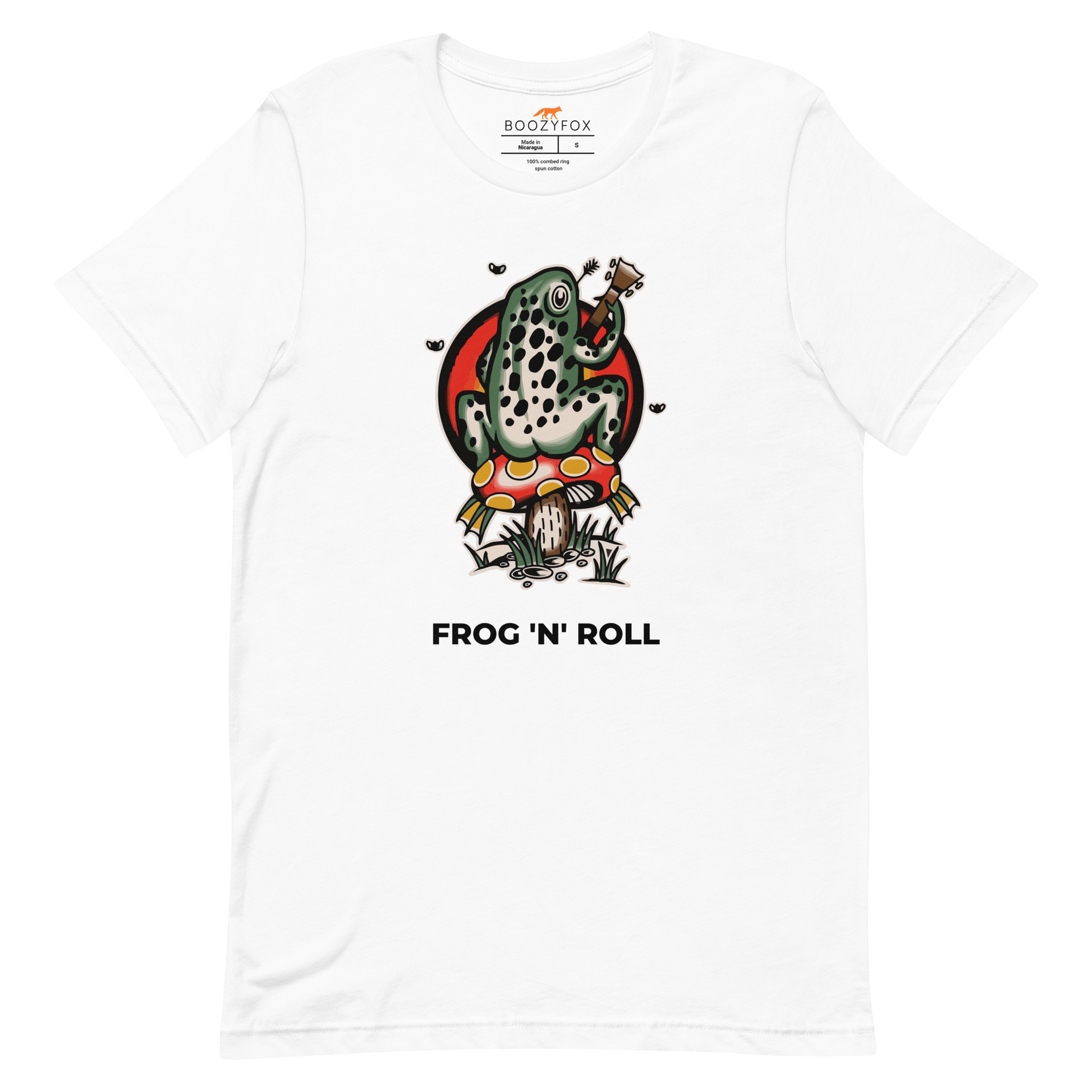 White Premium Frog Tee featuring a funny Frog 'n' Roll graphic on the chest - Funny Graphic Frog Tees - Boozy Fox