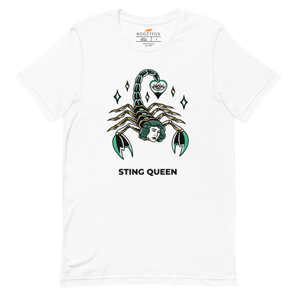 White Premium Scorpion Tee featuring The Sting Queen graphic on the chest - Cool Graphic Scorpion Tees - Boozy Fox