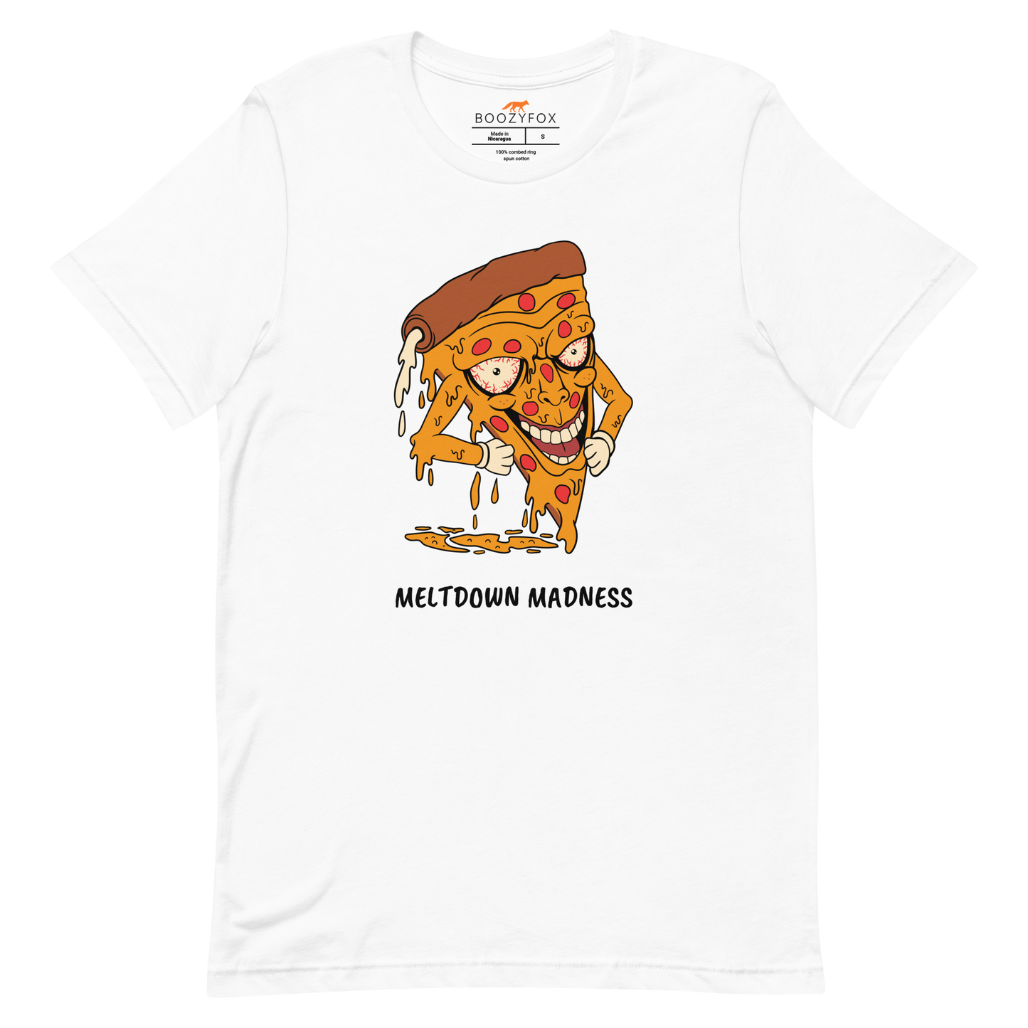 White Premium Melting Pizza Tee featuring a Meltdown Madness graphic on the chest - Funny Graphic Pizza Tees - Boozy Fox