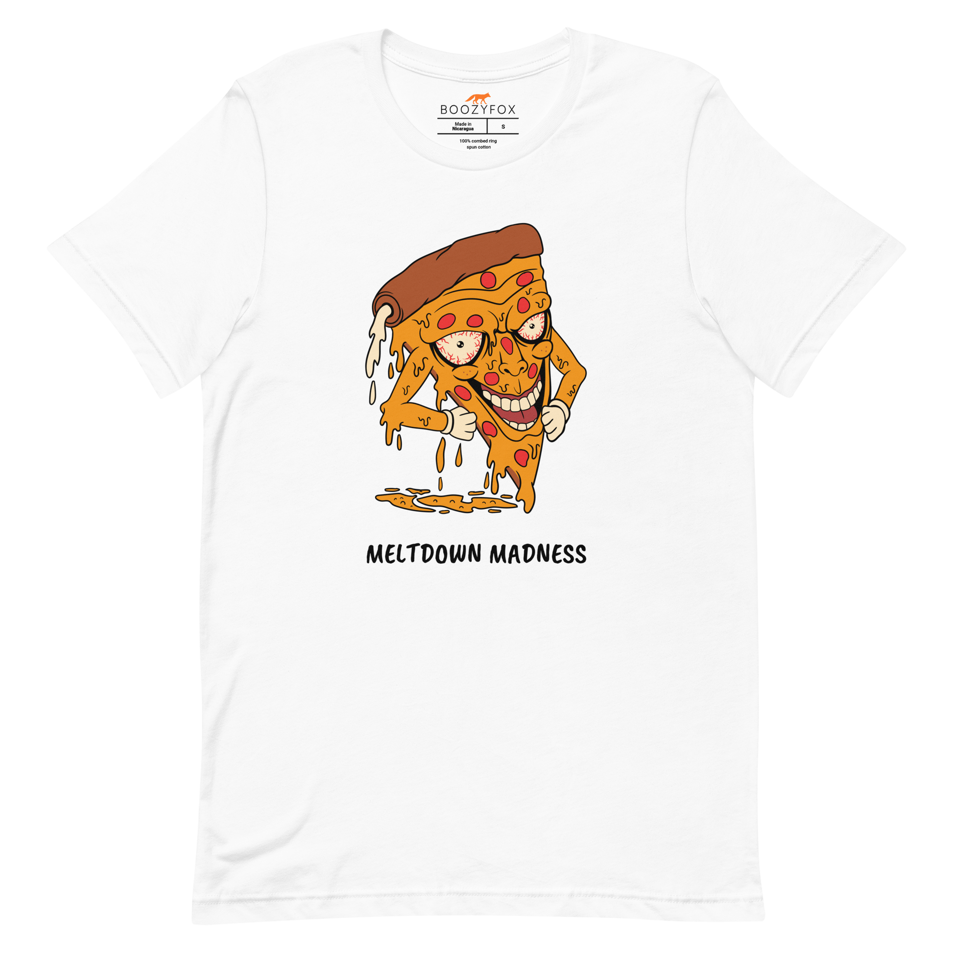 White Premium Melting Pizza Tee featuring a Meltdown Madness graphic on the chest - Funny Graphic Pizza Tees - Boozy Fox