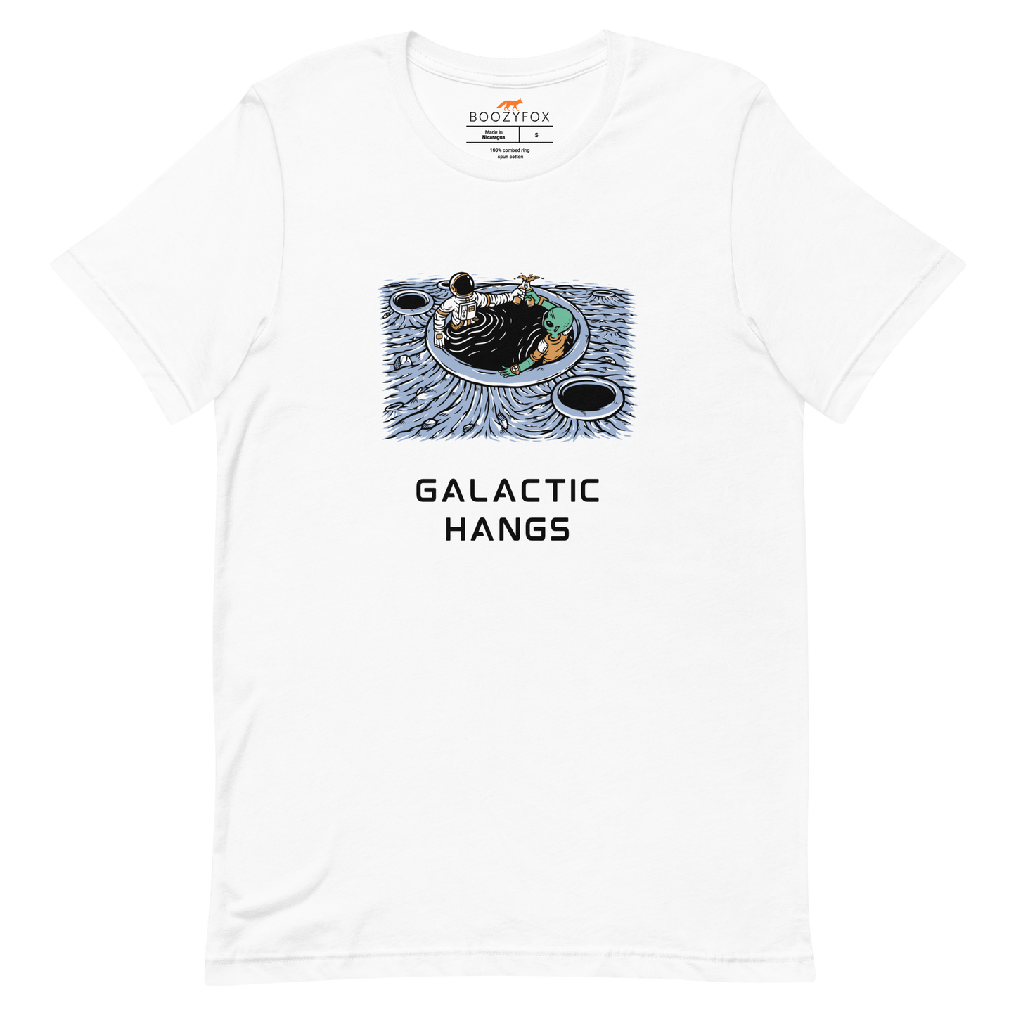 White Premium Galactic Hangs Tee featuring an out-of-this-world graphic of an Astronaut and Alien Chilling Together - Funny Graphic Space Tees - Boozy Fox