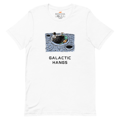 White Premium Galactic Hangs Tee featuring an out-of-this-world graphic of an Astronaut and Alien Chilling Together - Funny Graphic Space Tees - Boozy Fox
