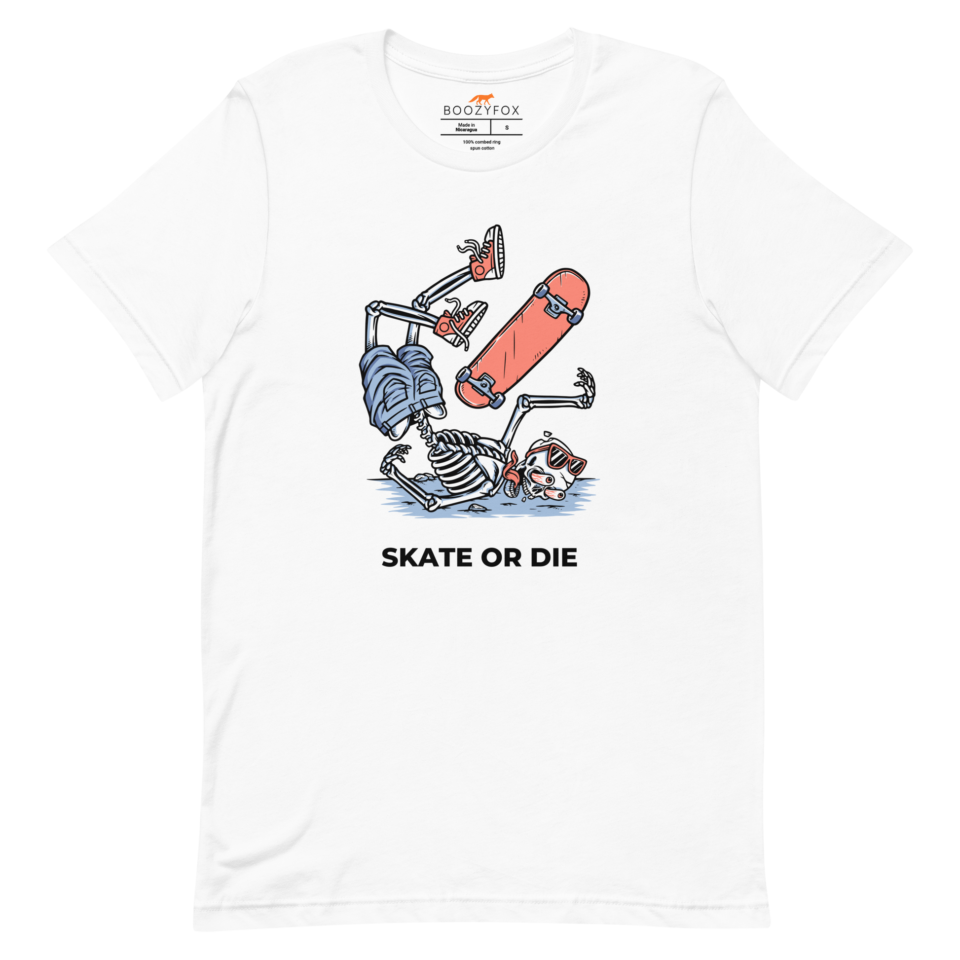 White Premium Skate or Die Tee featuring a daring Skeleton Falling While Skateboarding graphic on the chest - Funny Graphic Skeleton Tees - Boozy Fox