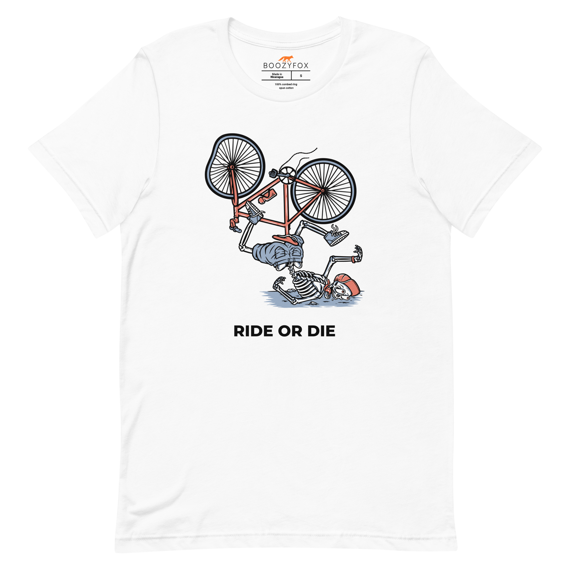 White Premium Ride or Die Tee featuring a bold Skeleton Falling While Riding a Bicycle graphic on the chest - Funny Graphic Skeleton Tees - Boozy Fox