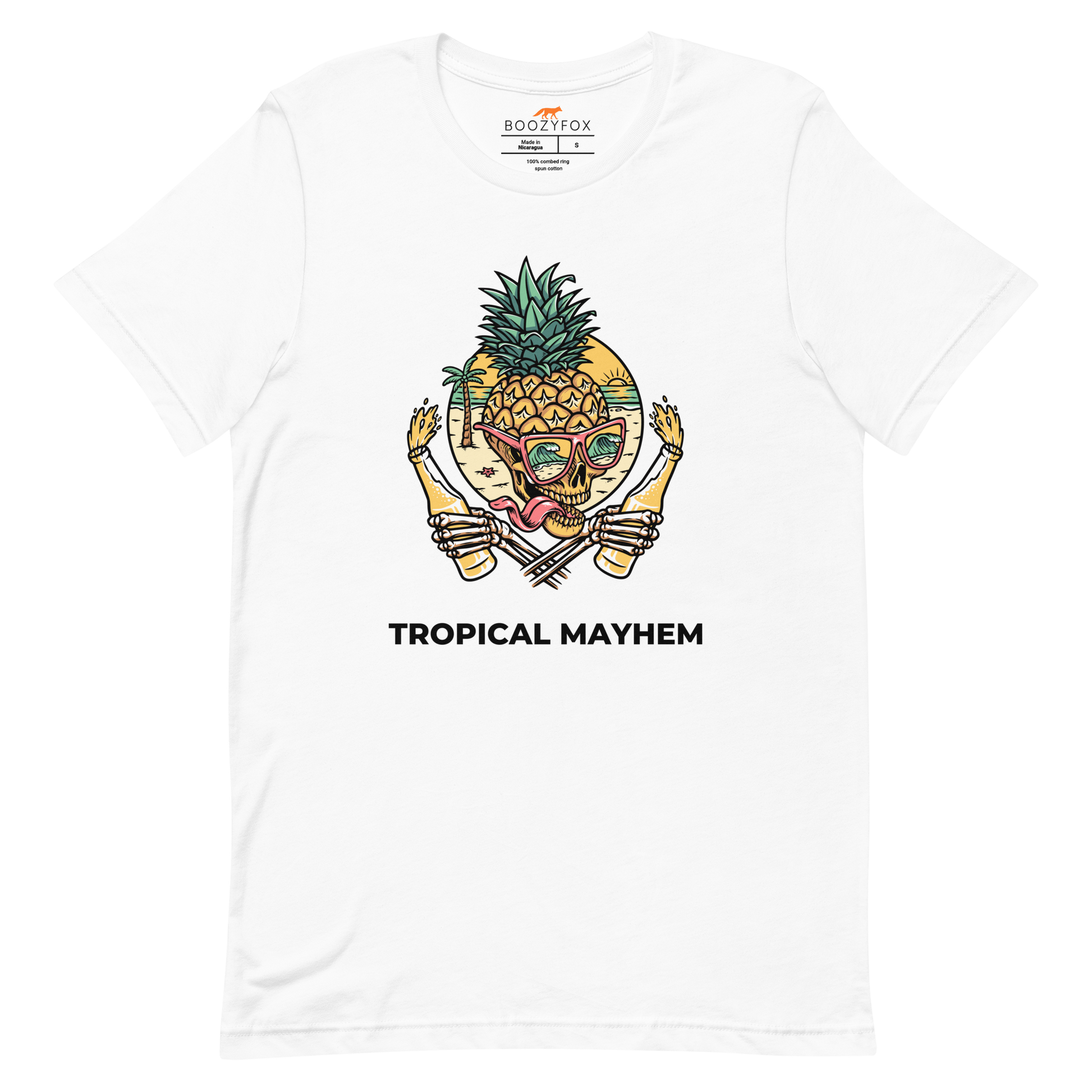 White Premium Tropical Mayhem Tee featuring a Crazy Pineapple Skull graphic on the chest - Funny Graphic Pineapple Tees - Boozy Fox