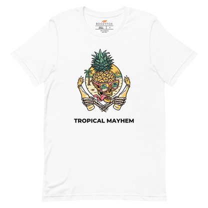 White Premium Tropical Mayhem Tee featuring a Crazy Pineapple Skull graphic on the chest - Funny Graphic Pineapple Tees - Boozy Fox