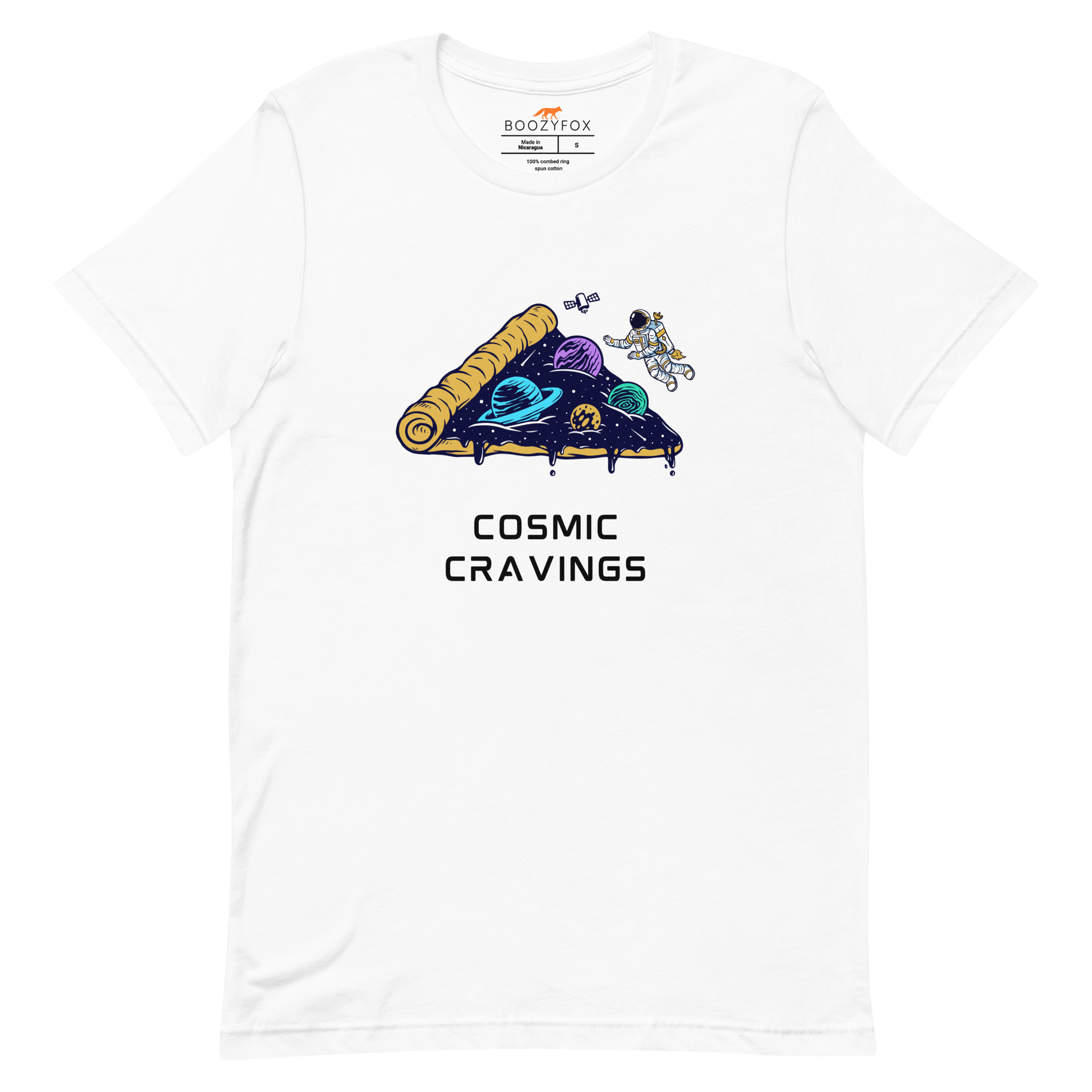 White Premium Cosmic Cravings Tee featuring an Astronaut Exploring a Pizza Universe graphic on the chest - Funny Graphic Space Tees - Boozy Fox