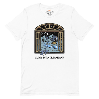 White Premium Climb Into Dreamland Tee featuring a mesmerizing mountain view graphic on the chest - Cool Graphic Nature Tees - Boozy Fox