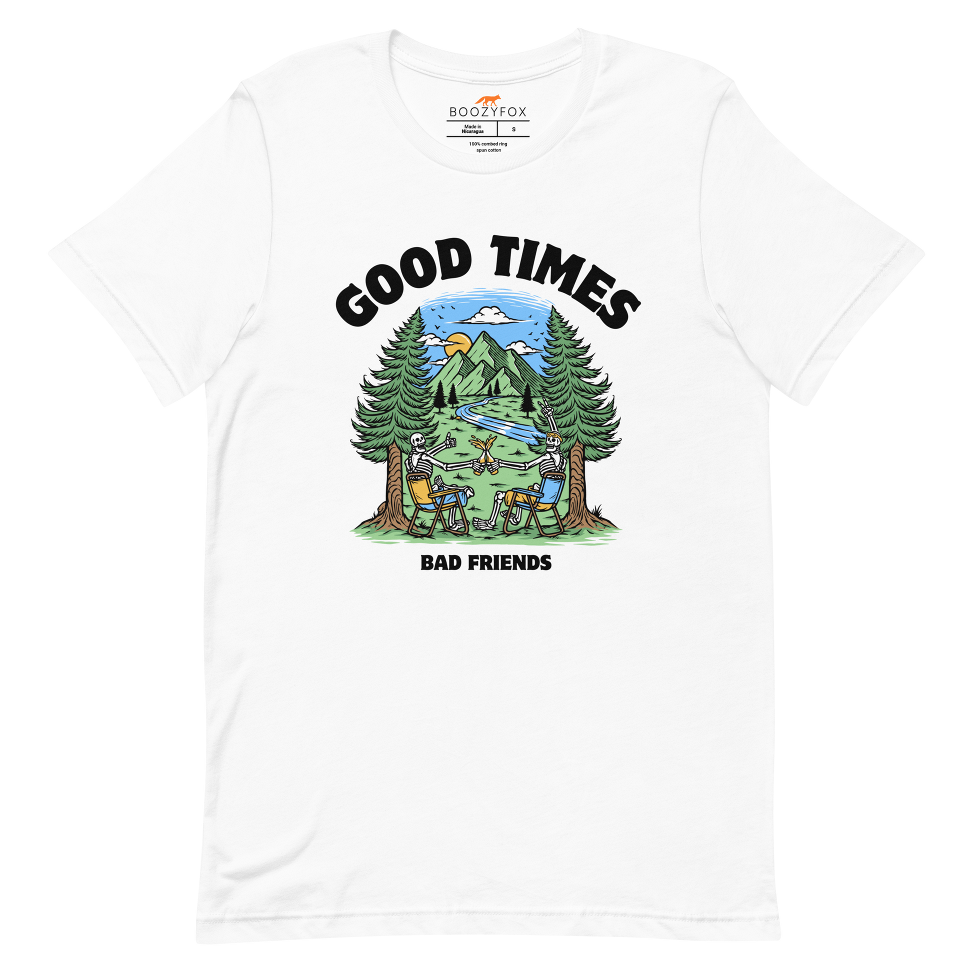White Premium Good Times Bad Friends Tee featuring a lively graphic of friends enjoying a beer in nature - Funny Graphic Nature Tees - Boozy Fox