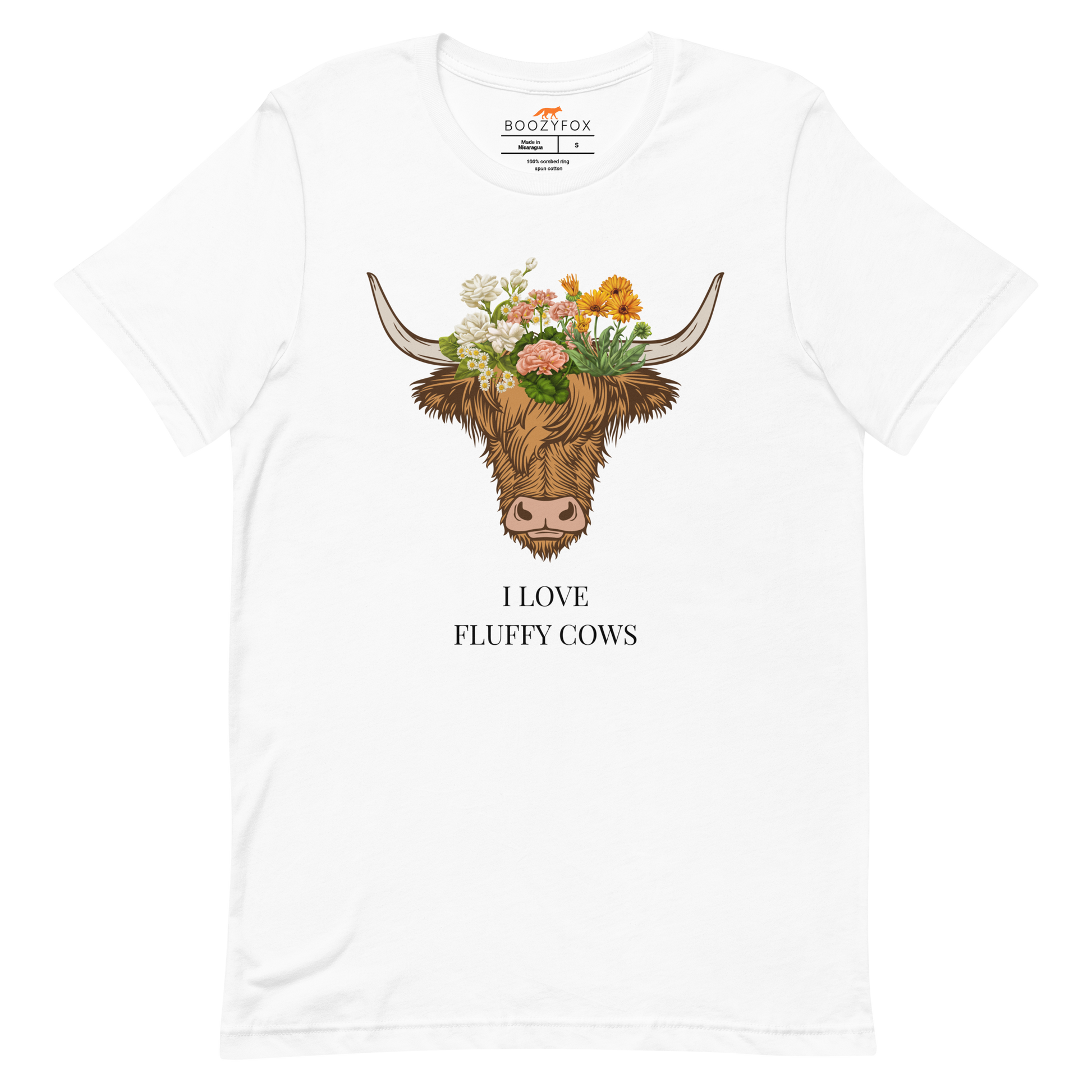 White Premium Highland Cow Tee featuring an adorable I Love Fluffy Cows graphic on the chest - Cute Graphic Highland Cow Tees - Boozy Fox