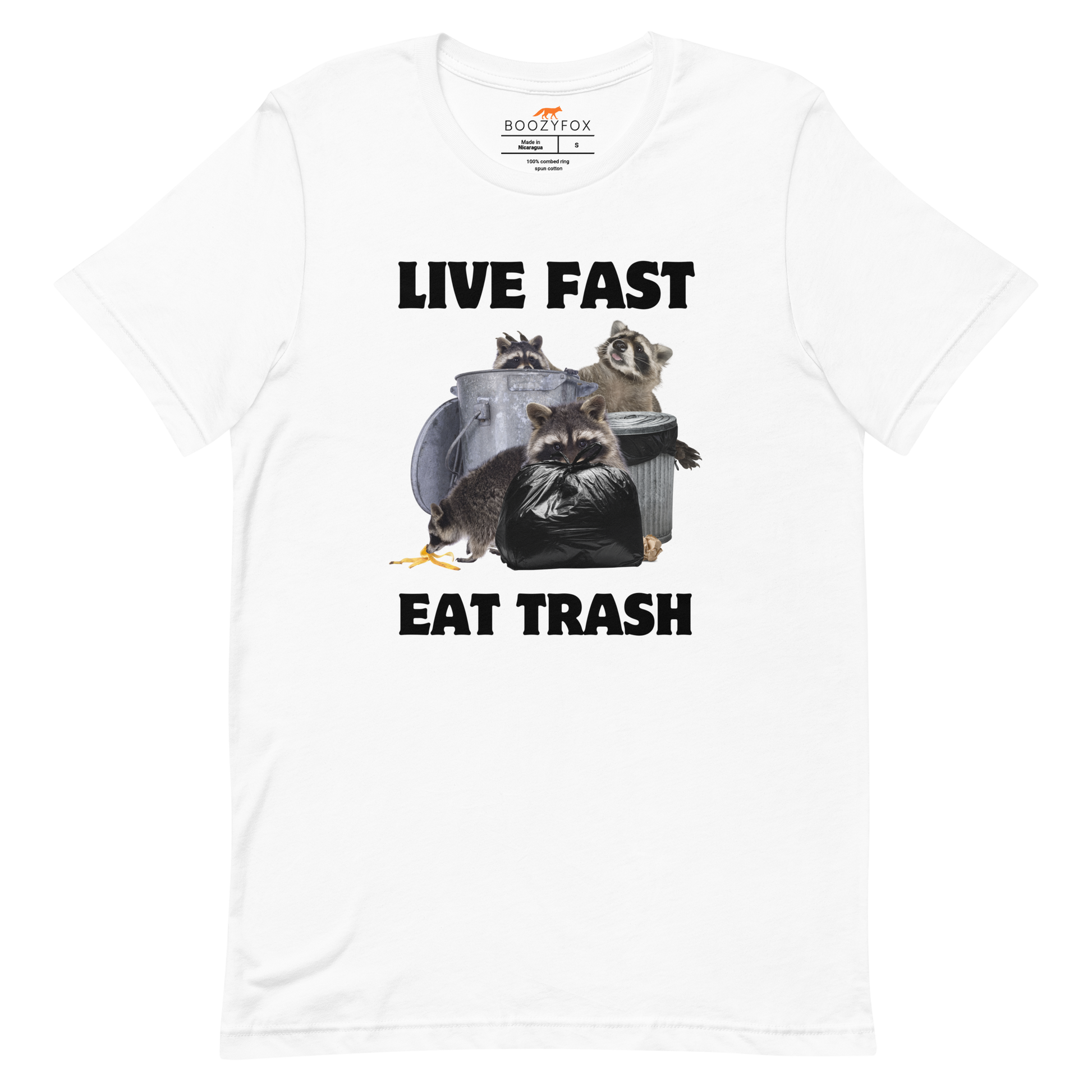 White Premium Raccoon Tee featuring a funny 'Live Fast Eat Trash' graphic on the chest - Funny Graphic Raccoon Tees - Boozy Fox