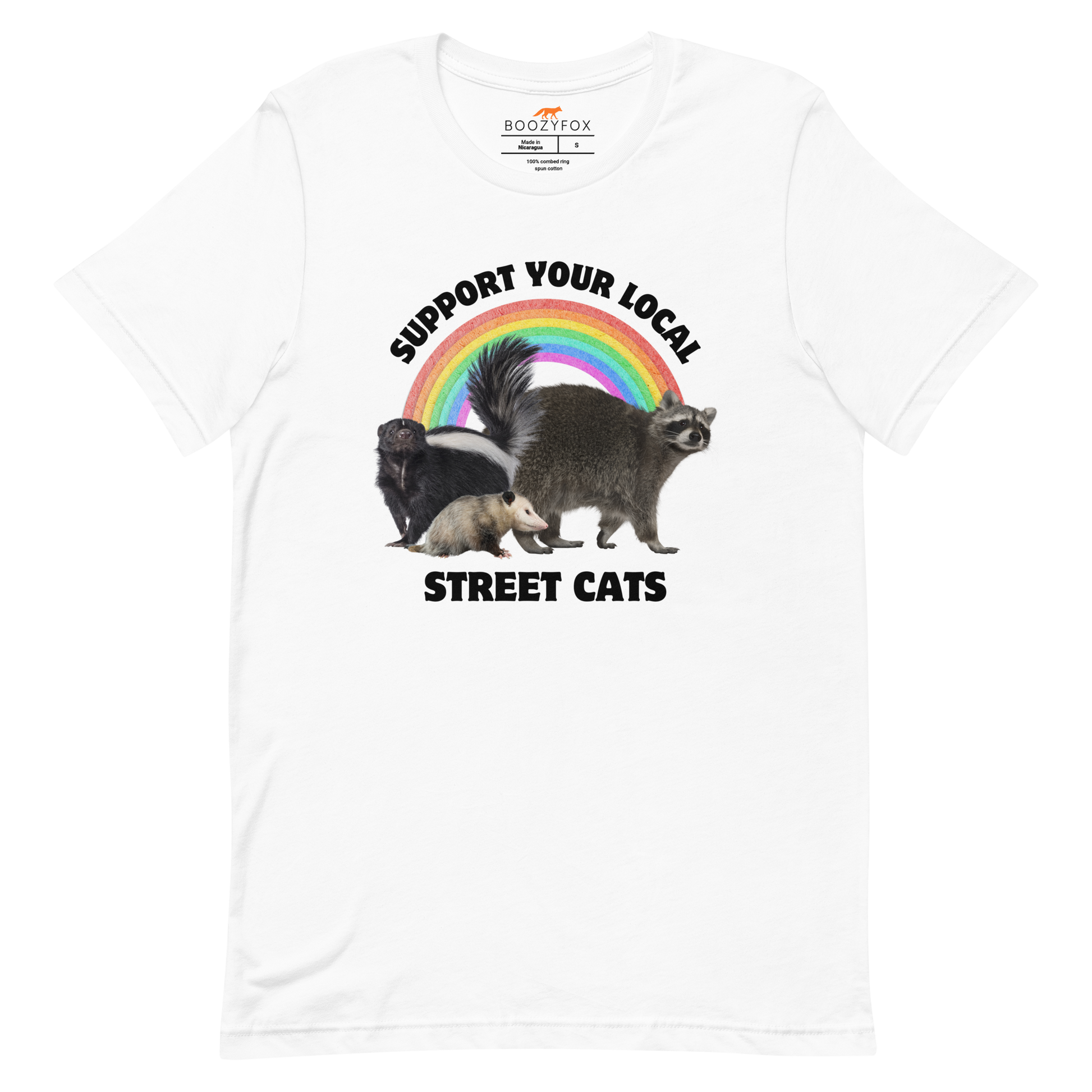 White Premium Street Cats Tee featuring a funny 'Support Your Local Street Cats' graphic on the chest - Funny Graphic Animal Tees - Boozy Fox