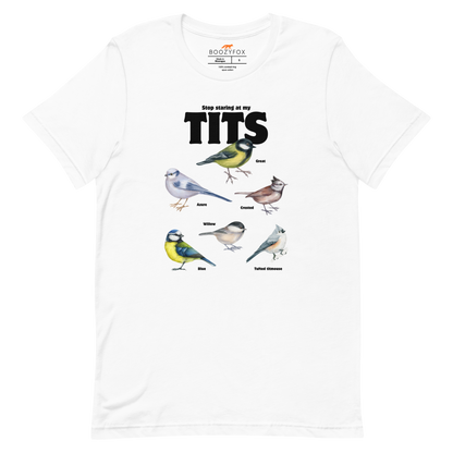 White Premium Tit Tee featuring a funny Stop Staring At My Tits graphic on the chest - Funny Graphic Tit Bird Tees - Boozy Fox