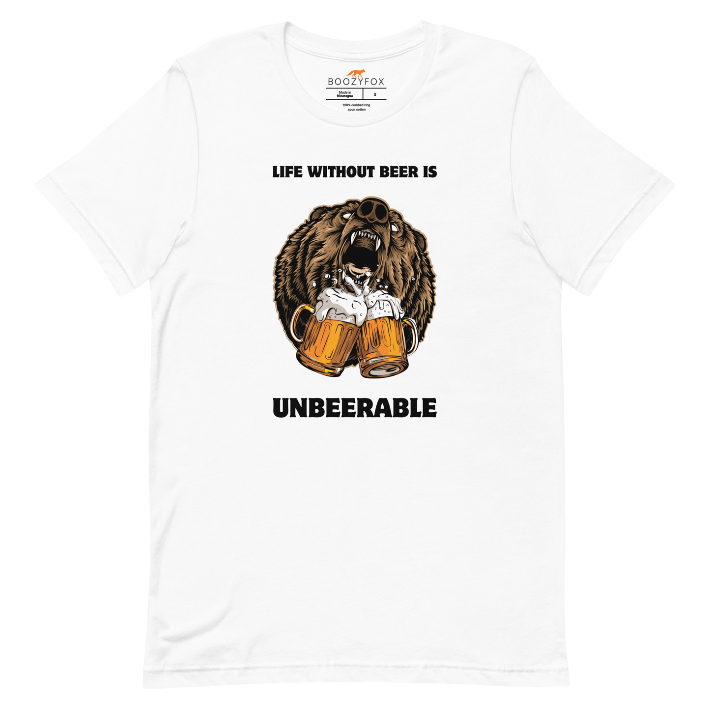 White Premium Bear Tee featuring a Life Without Beer Is Unbeerable graphic design on the chest - Funny Graphic Bear Tees - Boozy Fox