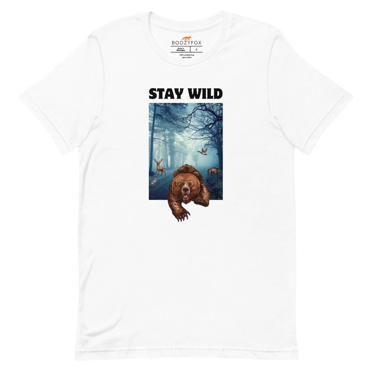 White Premium Bear Tee featuring a Stay Wild graphic on the chest - Cool Graphic Bear Tees - Boozy Fox