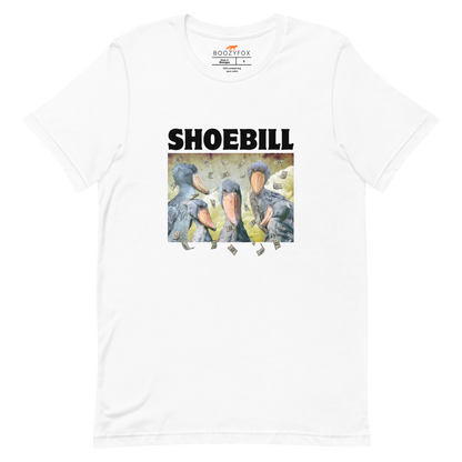 White Premium Shoebill Tee featuring cool Shoebill graphic on the chest - Artsy/Funny Graphic Shoebill Stork Tees - Boozy Fox