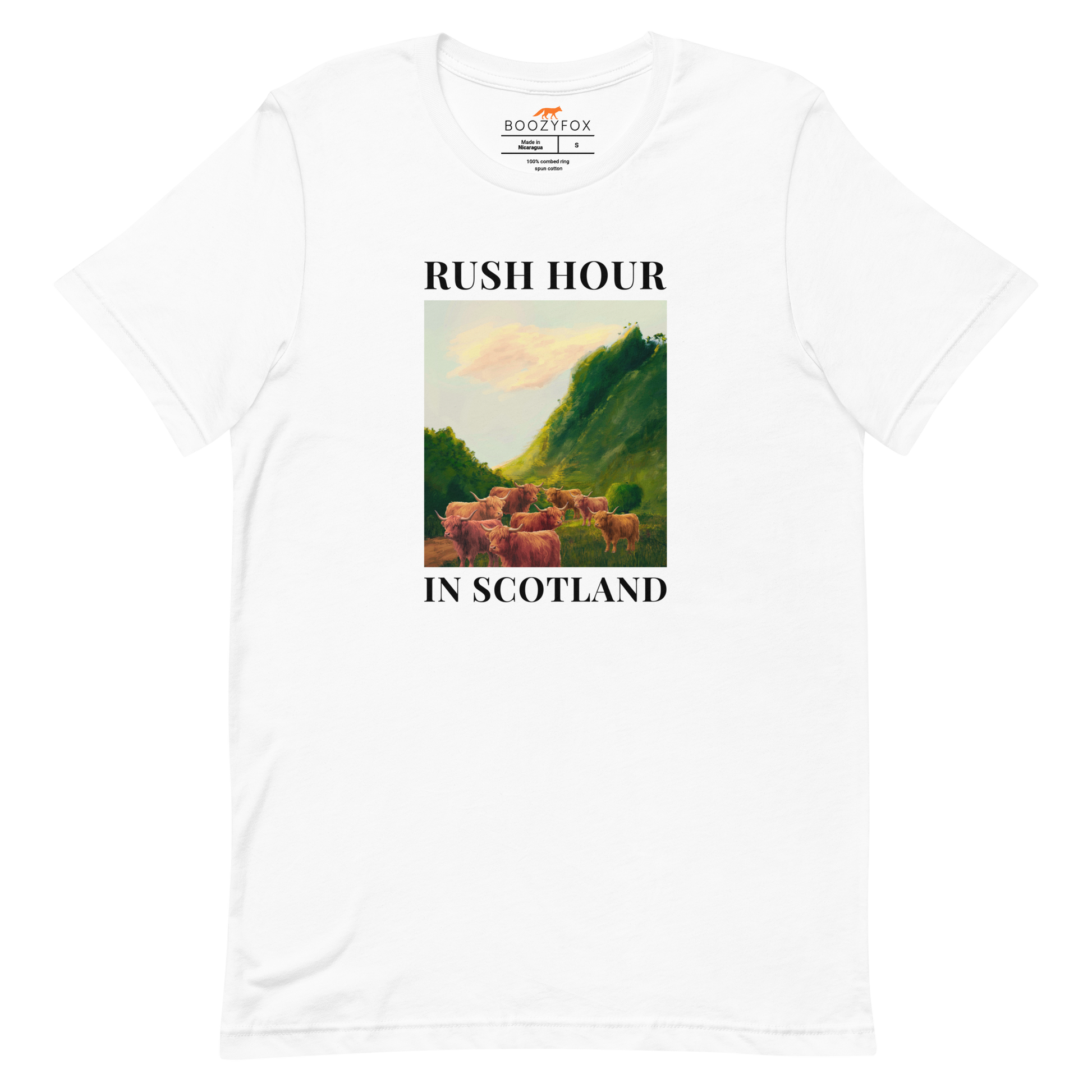 Funny Highland Cow Rush Hour in Scotland lightweight graphic tee in white by Boozy Fox