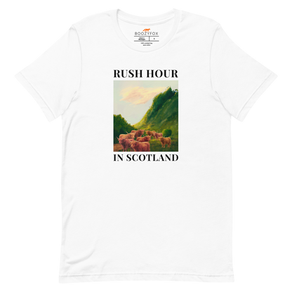 Funny Highland Cow Rush Hour in Scotland lightweight graphic tee in white by Boozy Fox