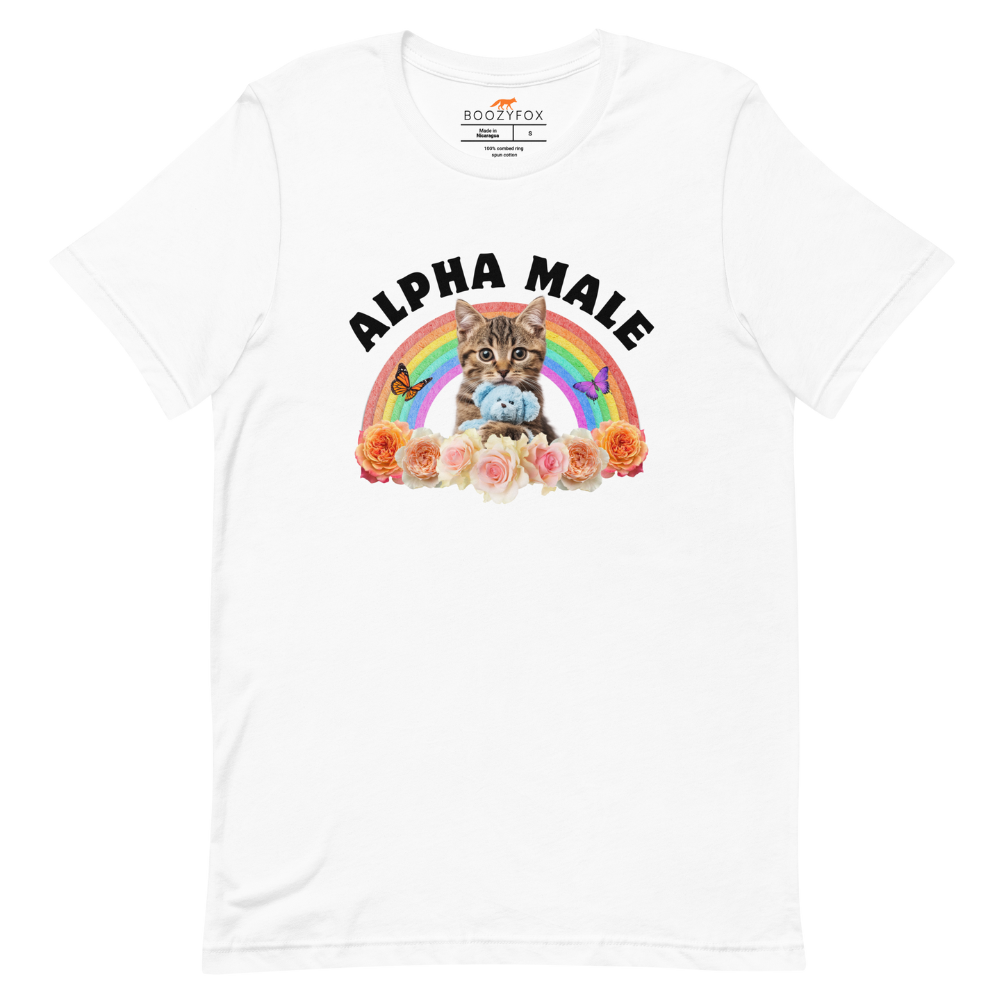 Funny Alpha Male Cat rainbow roses lightweight graphic t-shirt in white by Boozy Fox