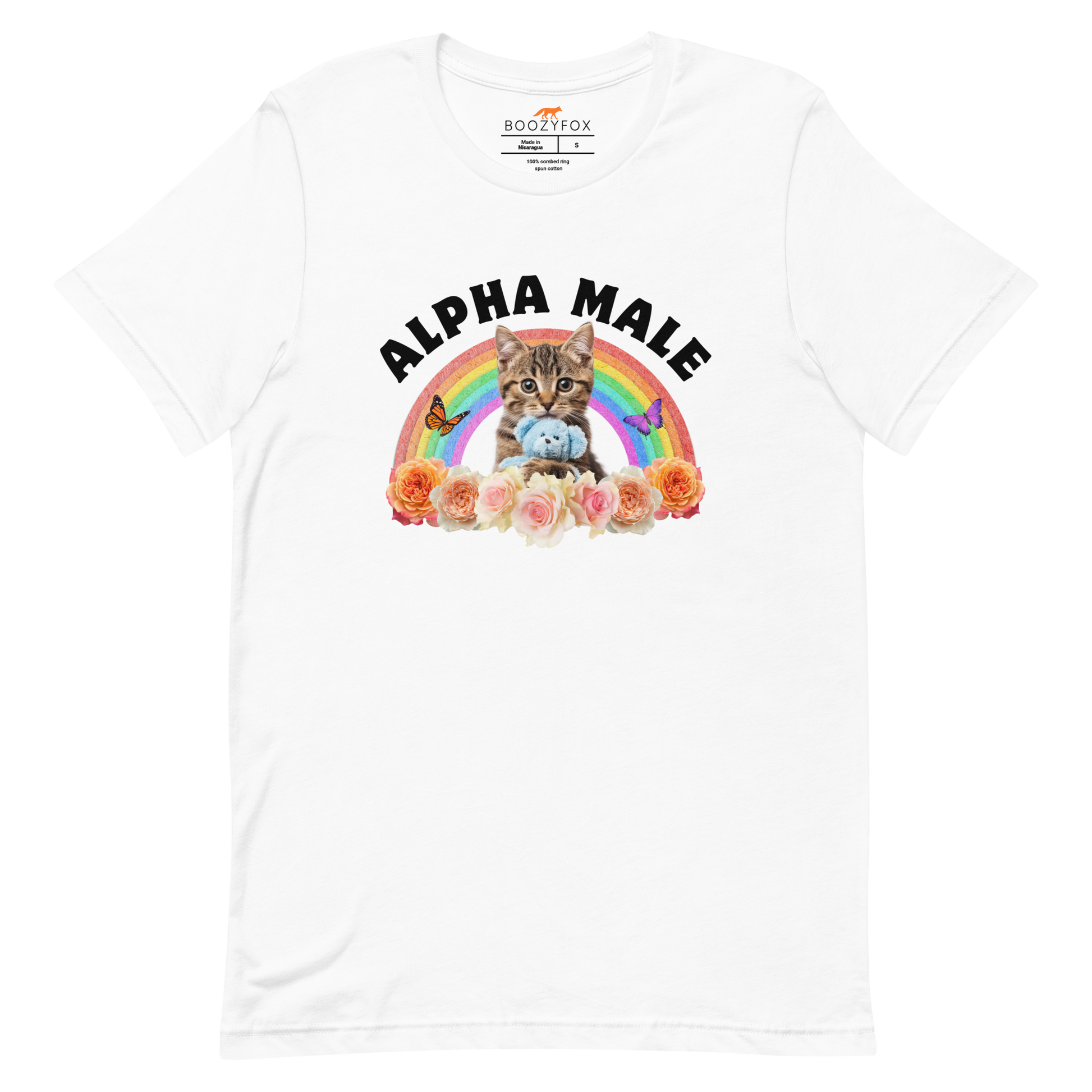 Funny Alpha Male Cat rainbow roses lightweight graphic t-shirt in white by Boozy Fox