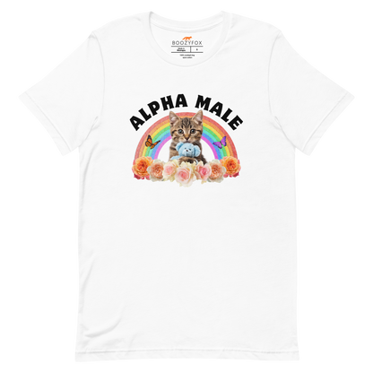 Funny Alpha Male Cat rainbow roses lightweight graphic t-shirt in white by Boozy Fox