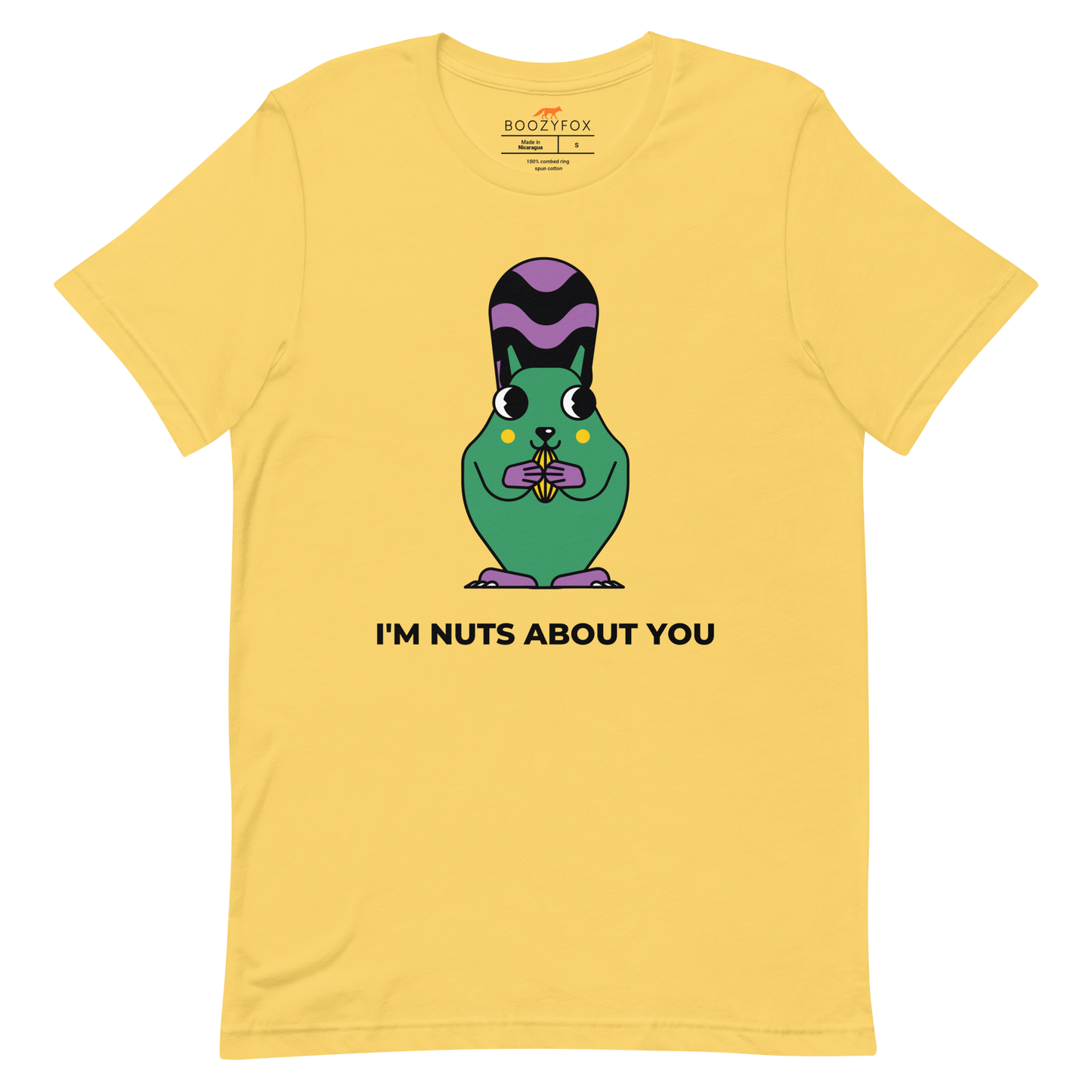 Yellow Premium Squirrel T-Shirt featuring an I'm Nuts About You graphic on the chest - Funny Graphic Squirrel Tees - Boozy Fox