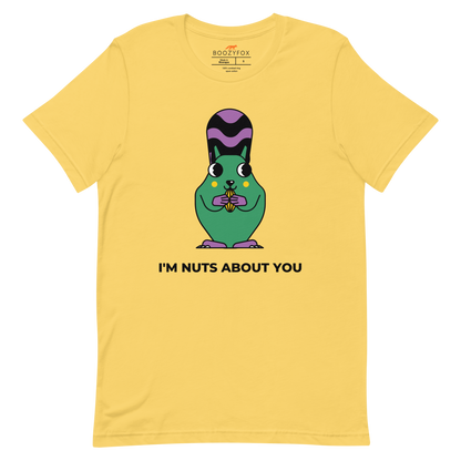 Yellow Premium Squirrel T-Shirt featuring an I'm Nuts About You graphic on the chest - Funny Graphic Squirrel Tees - Boozy Fox
