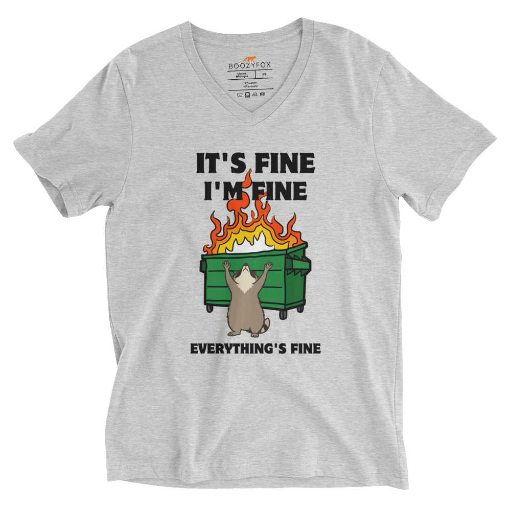 Funny Dumpster Fire Raccoon graphic v-neck t-shirt in athletic heather by Boozy Fox