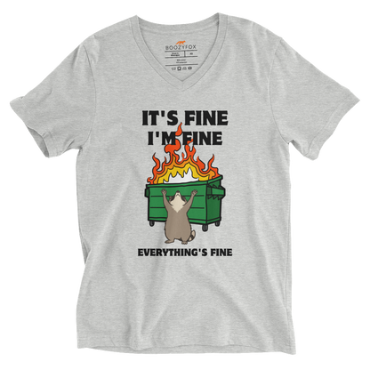 Funny Dumpster Fire Raccoon graphic v-neck t-shirt in athletic heather by Boozy Fox