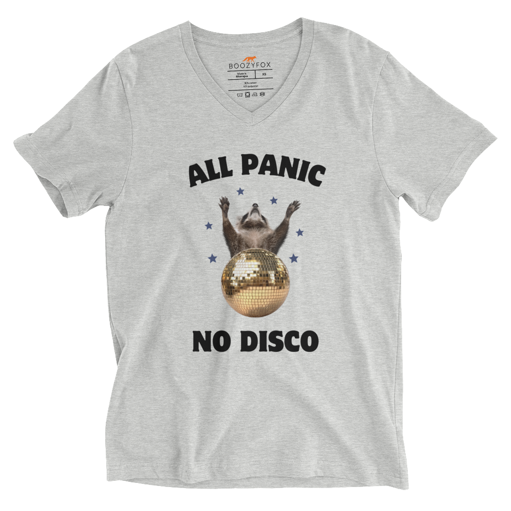 Funny All Panic No Disco Raccoon graphic v-neck t-shirt in athletic heather by Boozy Fox