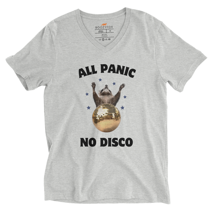 Funny All Panic No Disco Raccoon graphic v-neck t-shirt in athletic heather by Boozy Fox