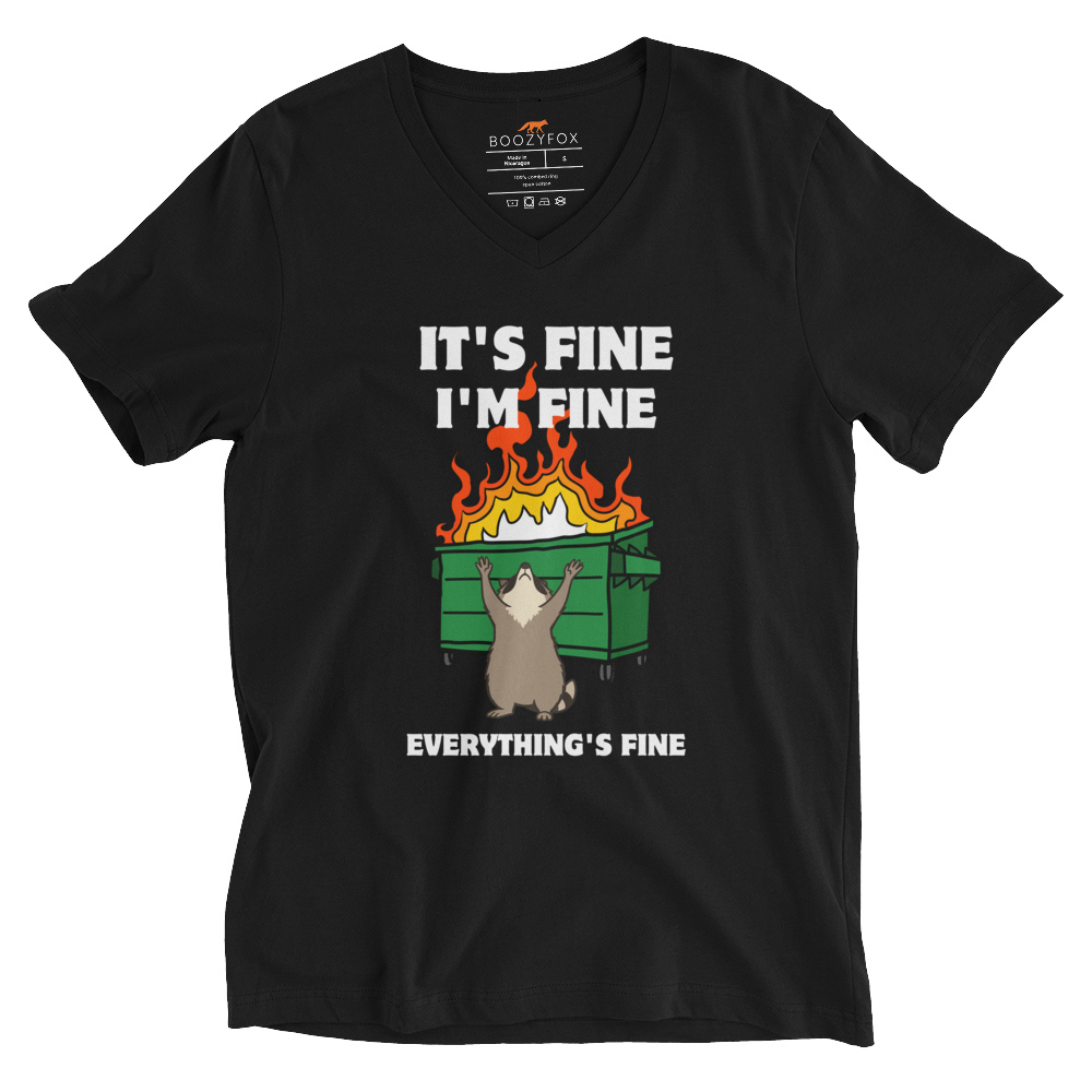 Funny Dumpster Fire Raccoon graphic v-neck t-shirt in black by Boozy Fox