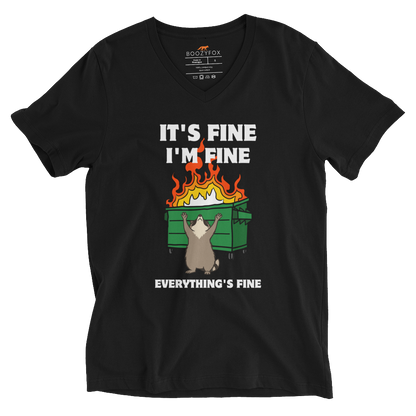 Funny Dumpster Fire Raccoon graphic v-neck t-shirt in black by Boozy Fox