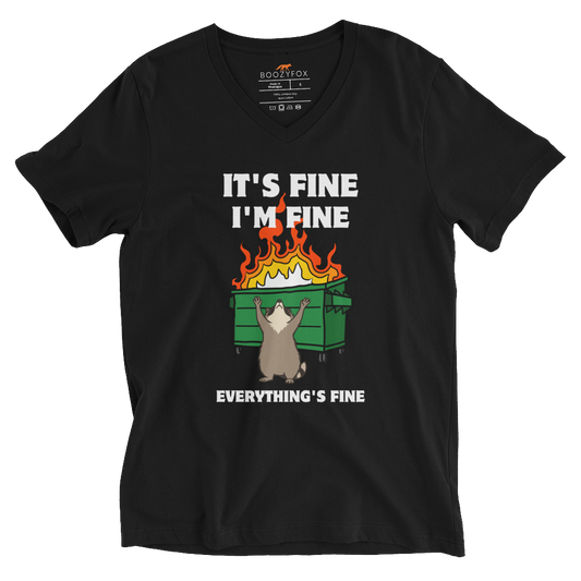 Funny Dumpster Fire Raccoon graphic v-neck t-shirt in black by Boozy Fox