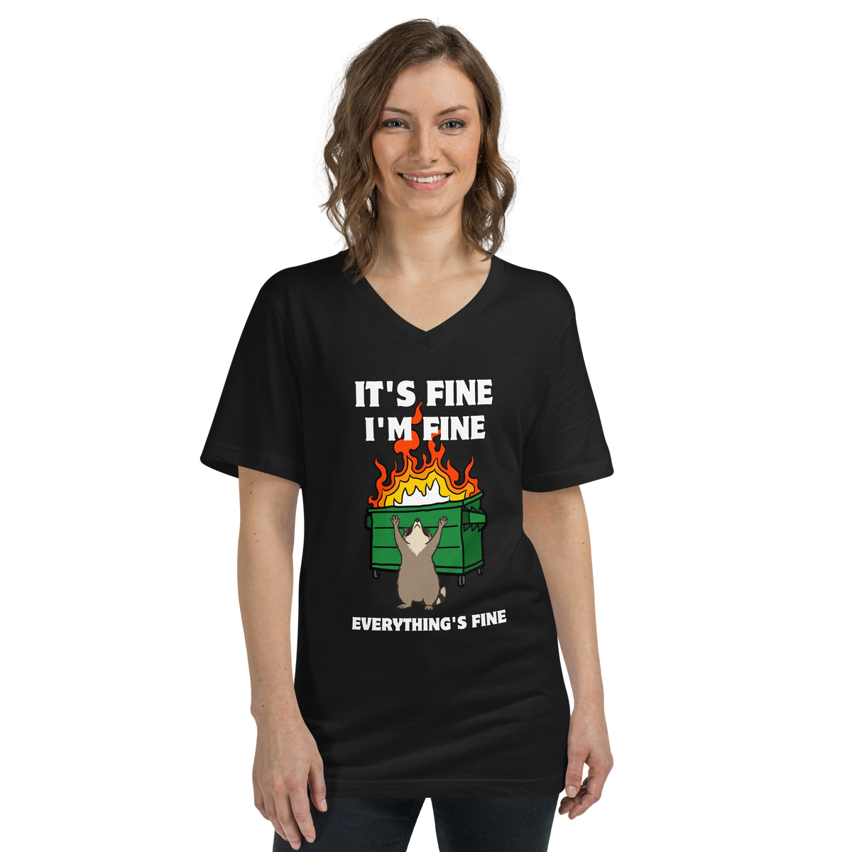 Woman wearing a Funny Dumpster Fire Raccoon graphic v-neck t-shirt in black by Boozy Fox
